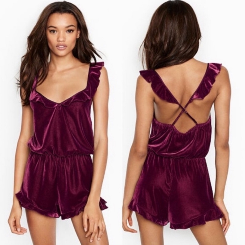Victoria's Secret Velvet Ruffle Romper - Deep Plum